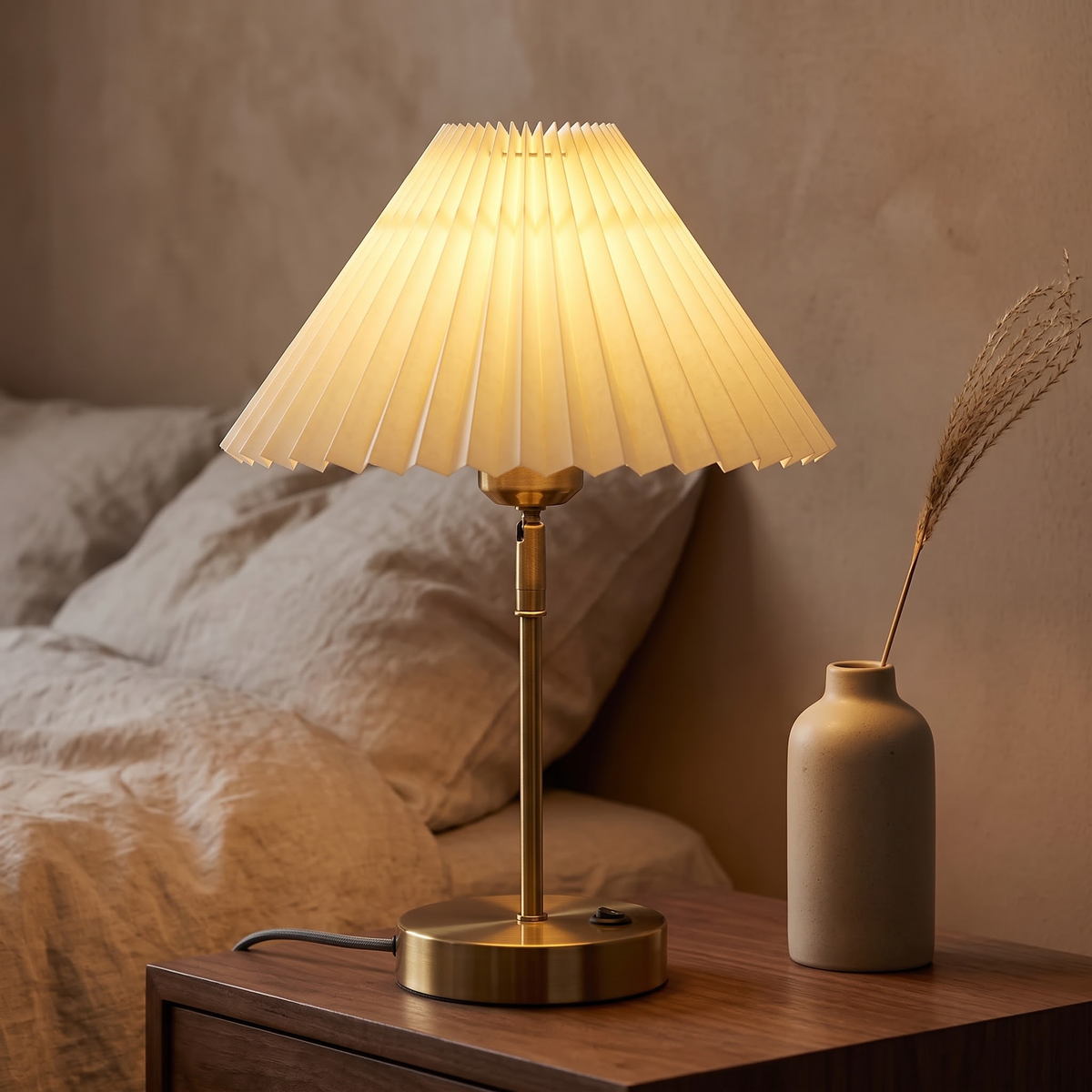 Cream pleated table lamp with brass stem glowing on a nightstand