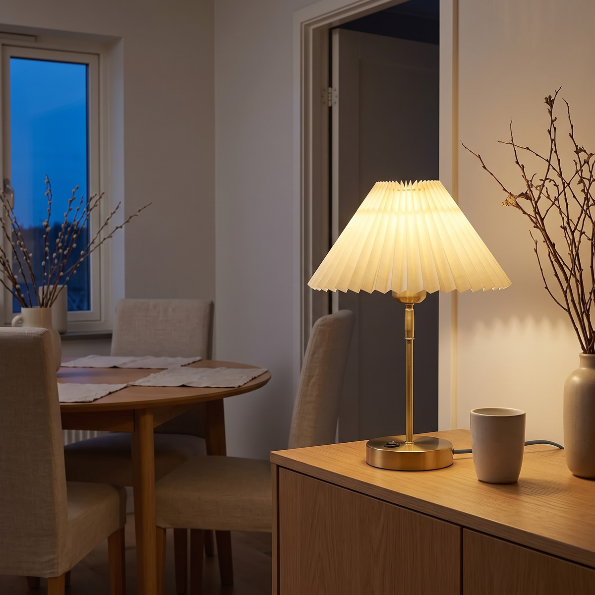 Pleated shade brass table lamp on an oak sideboard at blue hour
