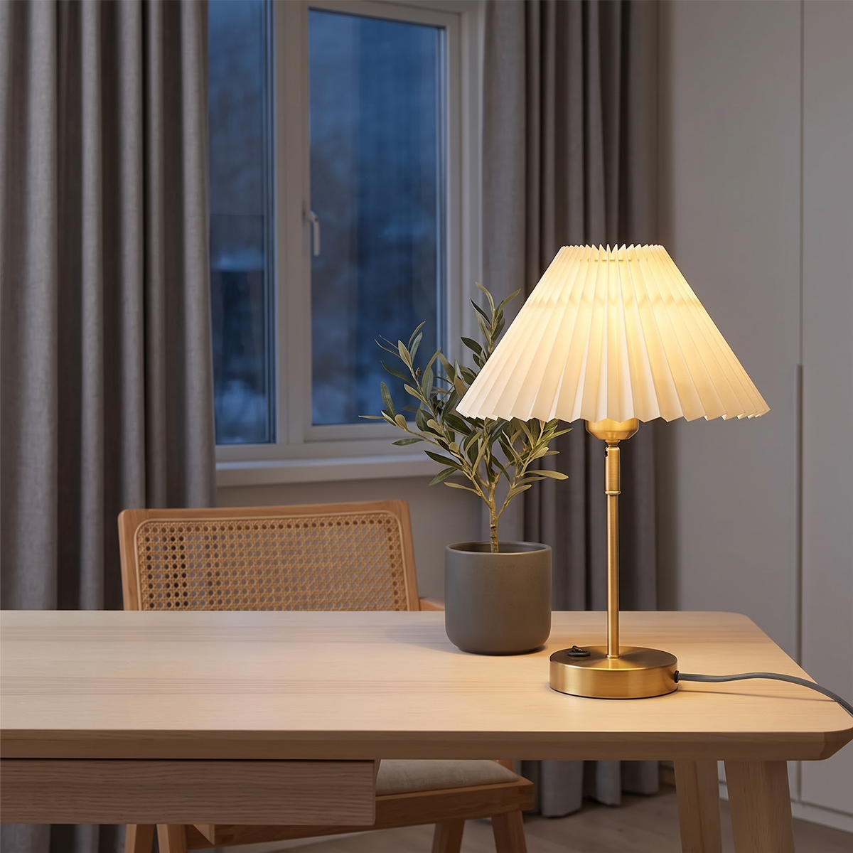 Cream pleated lamp glowing on an ash desk beside an olive plant