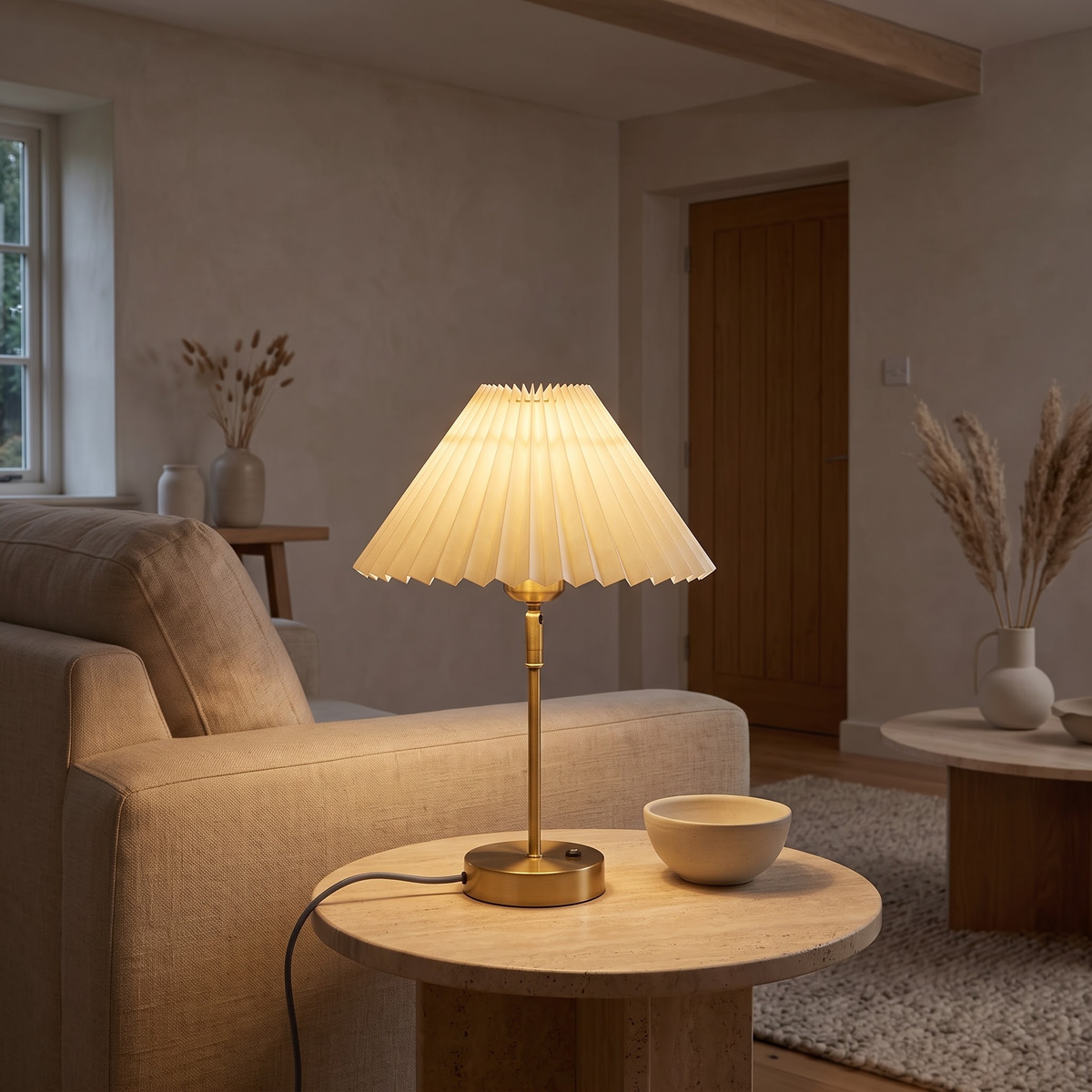 Pleated cone table lamp on a travertine side table by a sofa