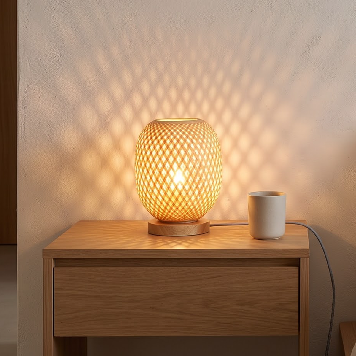 Woven bamboo table lamp casting a lattice glow on a walnut nightstand