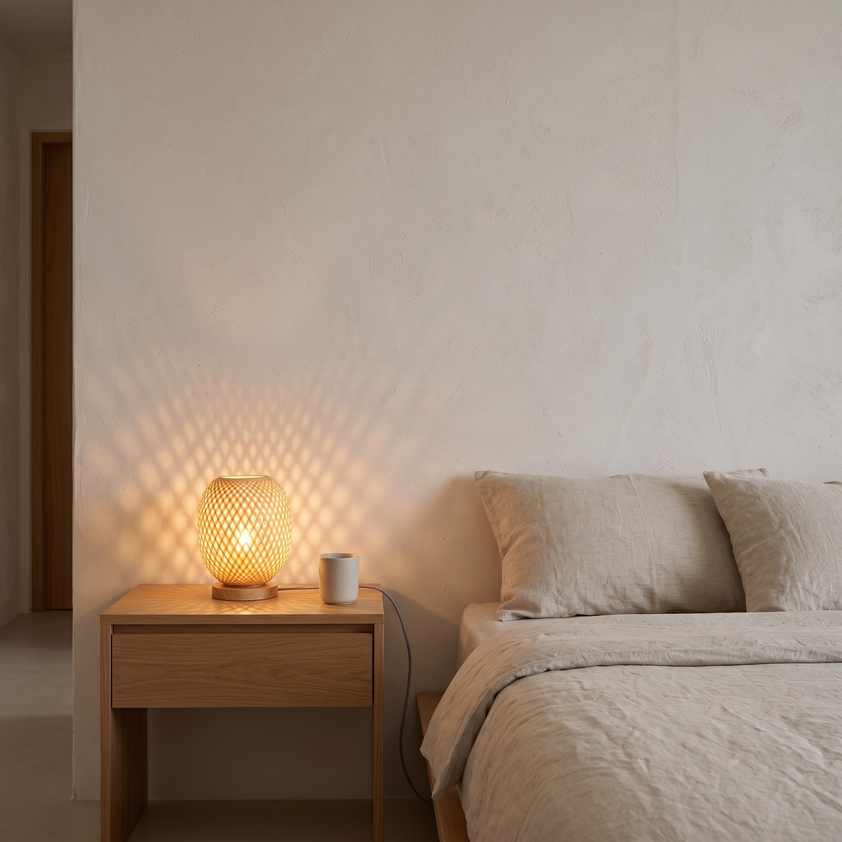 Small bamboo table lamp glowing on an oak nightstand by a linen bed