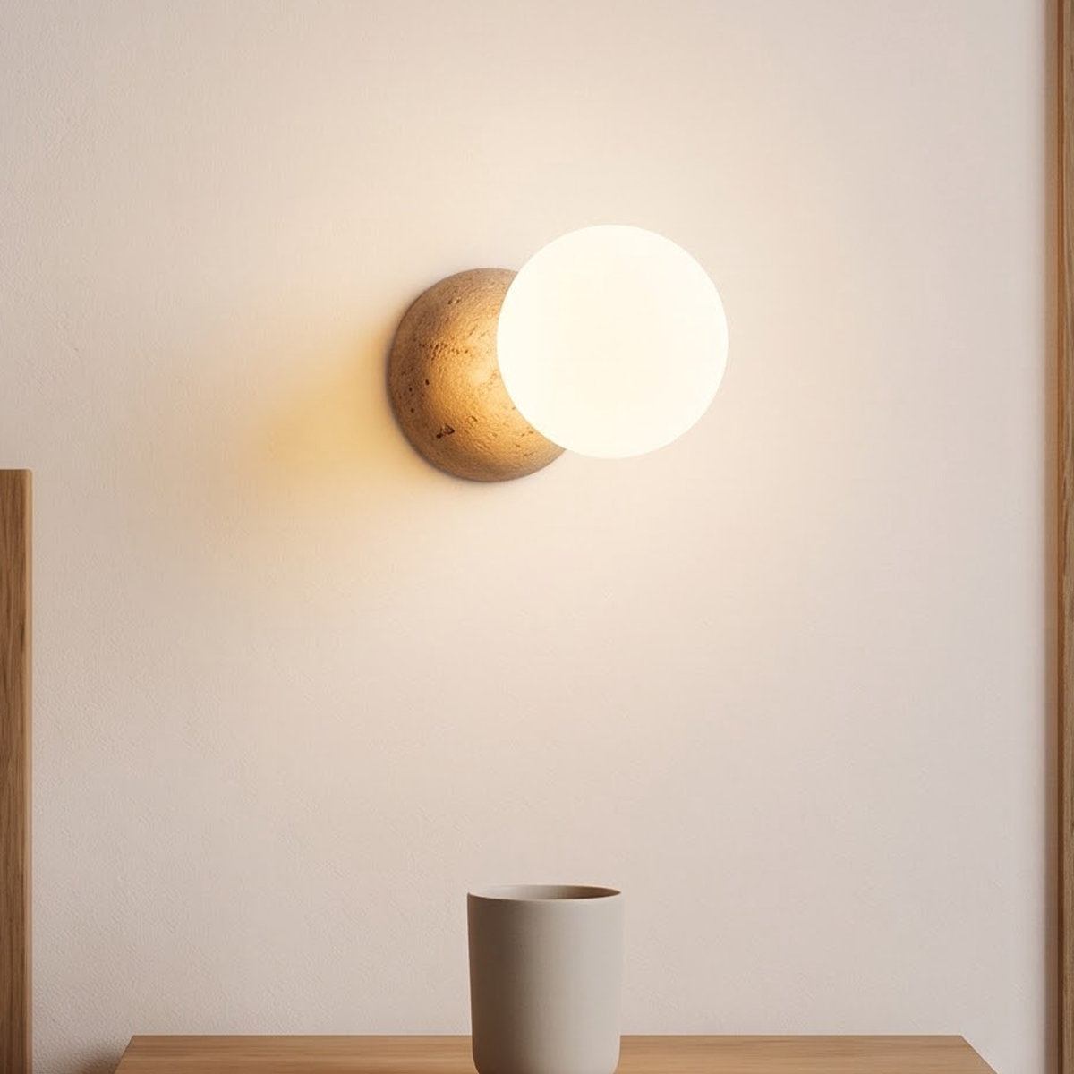 Stone half-dome wall light with glowing glass ball by a bed