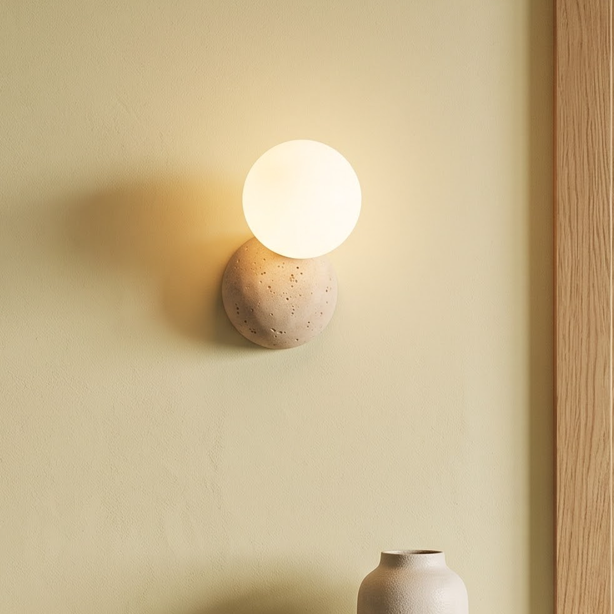 Glowing glass ball on a pitted stone wall light beside a doorway