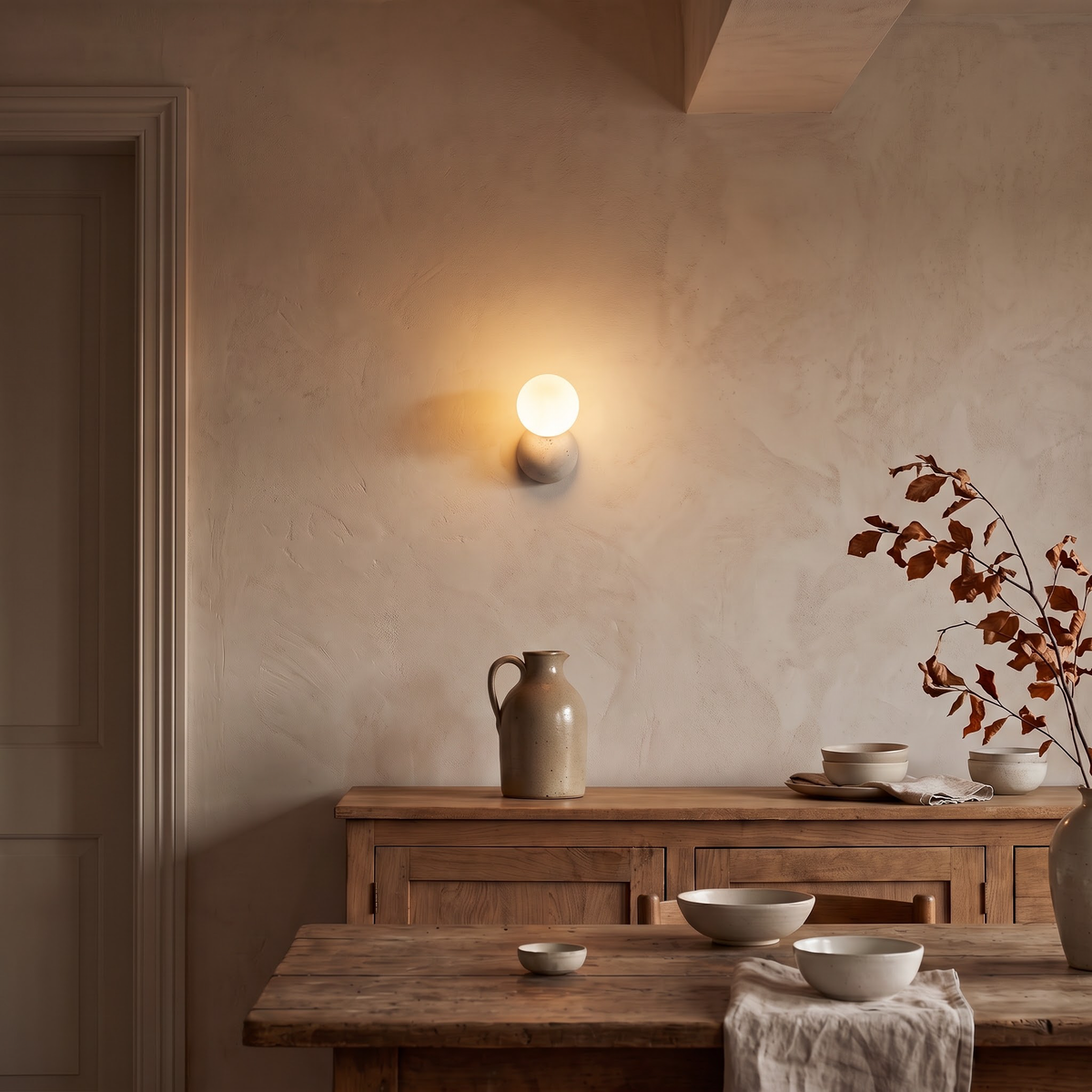 Sand stone wall light with glowing glass ball in a dining room