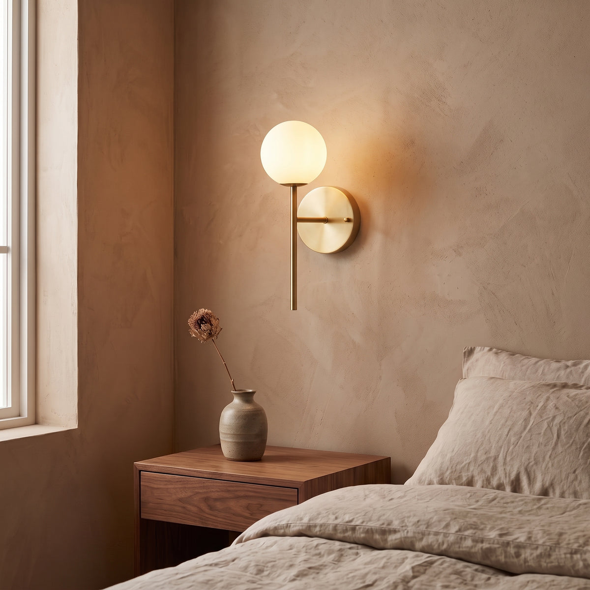 Hoshi single-globe gold sconce lit beside a linen-dressed bed