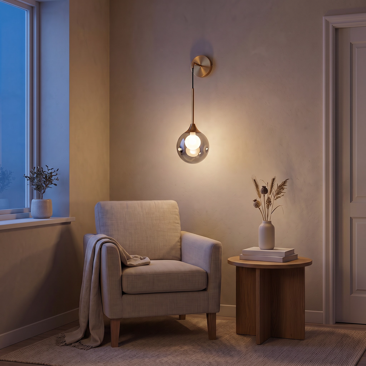 Smoke glass globe wall light above an oak side table by an armchair