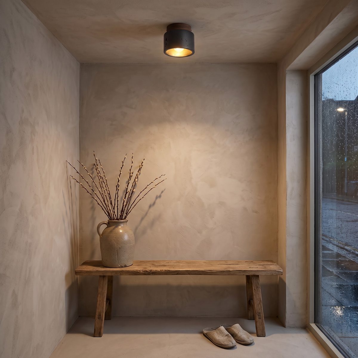 Small black stone drum ceiling light above an oak entry bench
