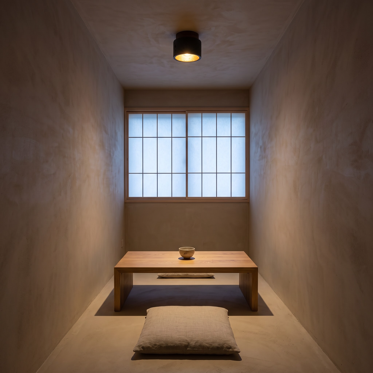 Black drum flush ceiling light above a low oak table in a study