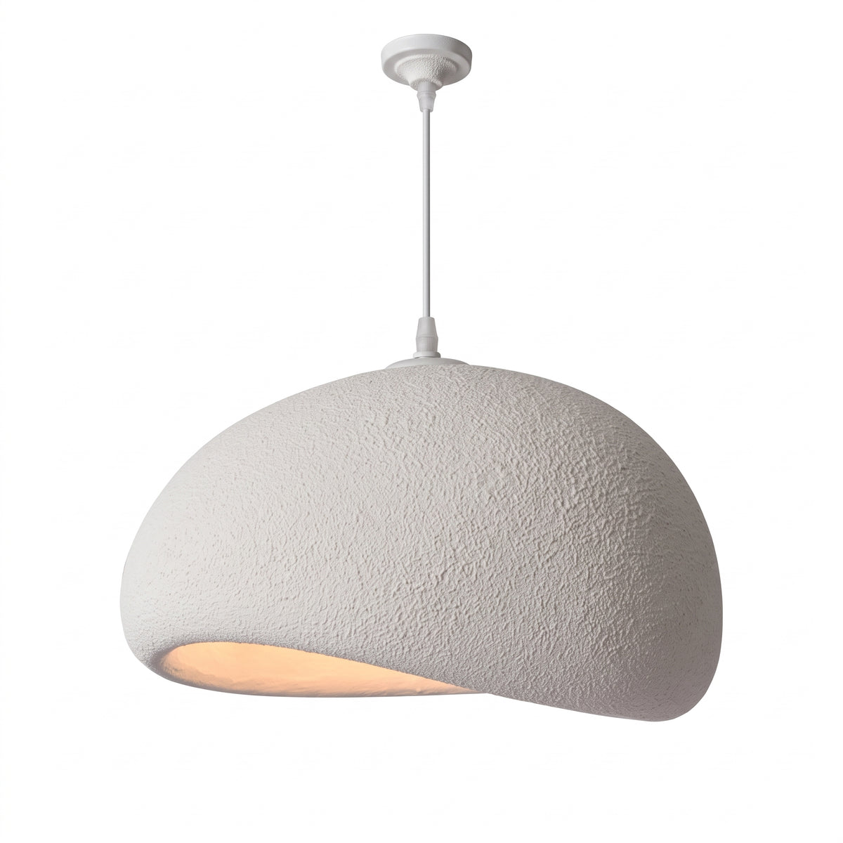 Off-white textured pebble-shaped wabi-sabi pendant light with glowing underside