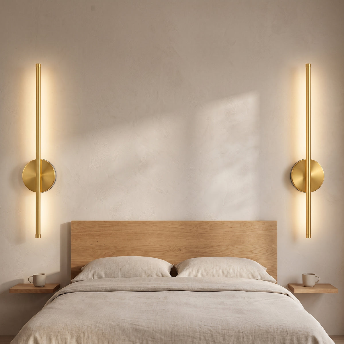 Pair of gold rod wall sconces flanking a linen bed at evening