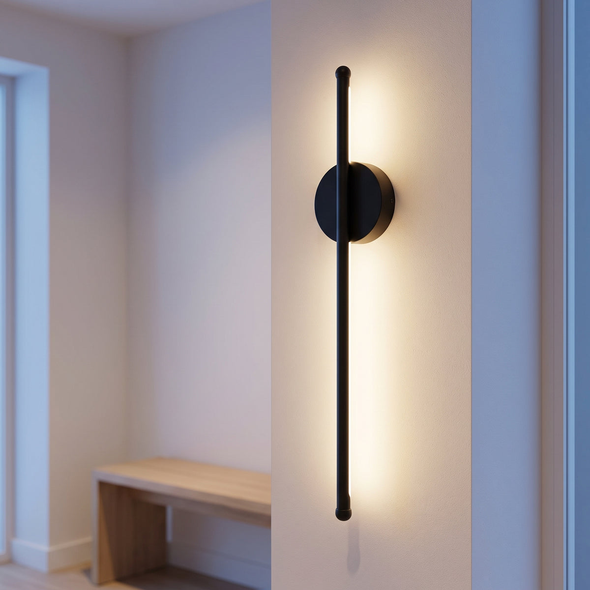 Black rod wall sconce glowing in a Nordic entry hallway