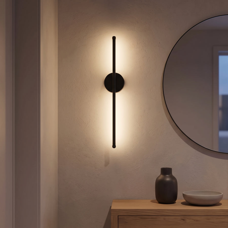 Ito Cordless Wall Sconce, Set of 2 – Rechargeable LED Rod on Round Disc, Remote Dimming, Gold or Black