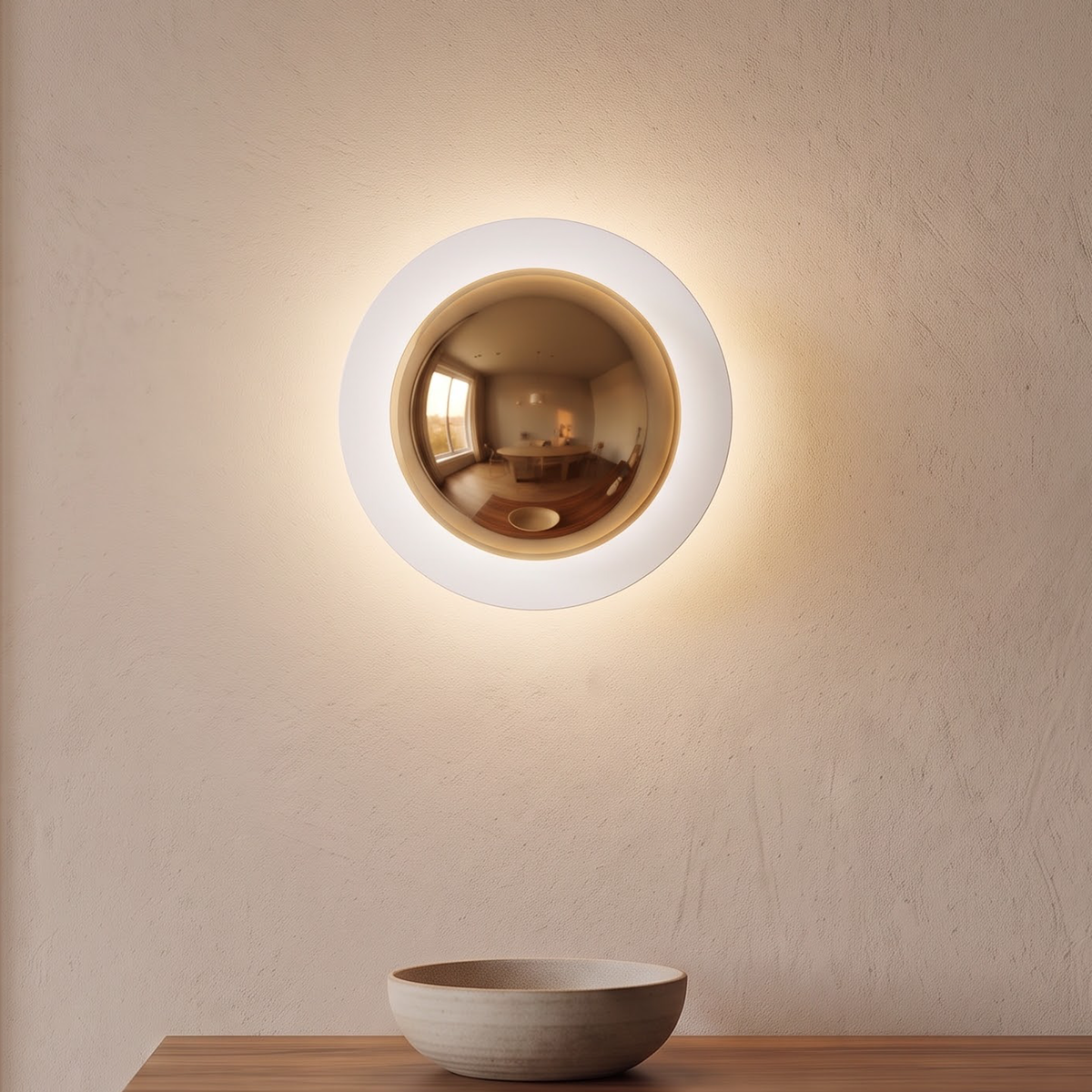 Mirror gold round wall light glowing above a walnut sideboard