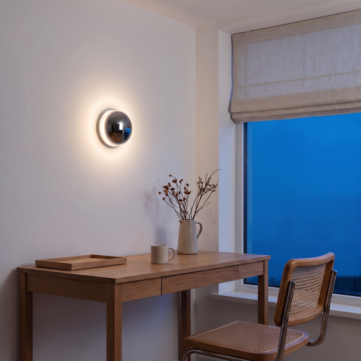 Small silver mirror dome wall light above an oak writing desk
