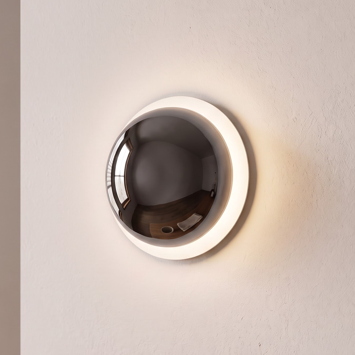 Smoky silver mirror dome wall light at the end of a hallway