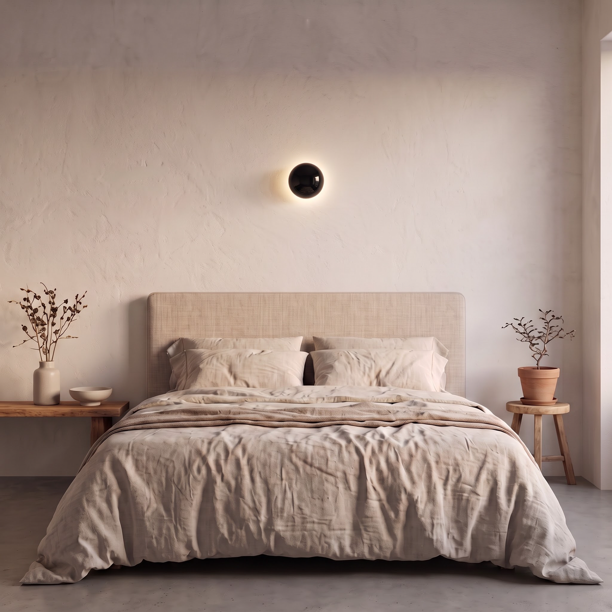 Gloss black dome wall light centred above a linen headboard