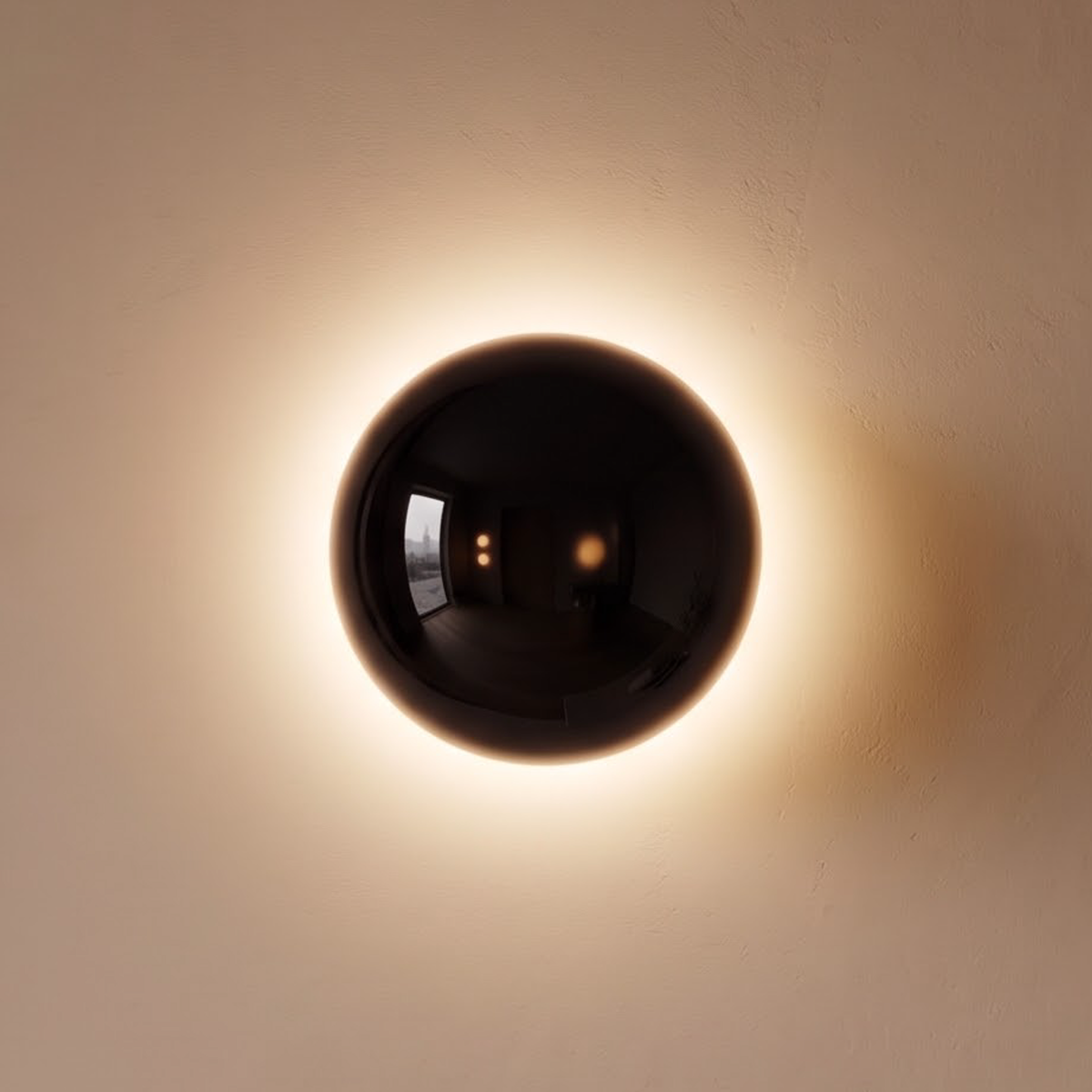Gloss black mirror dome wall light glowing beside an oak door