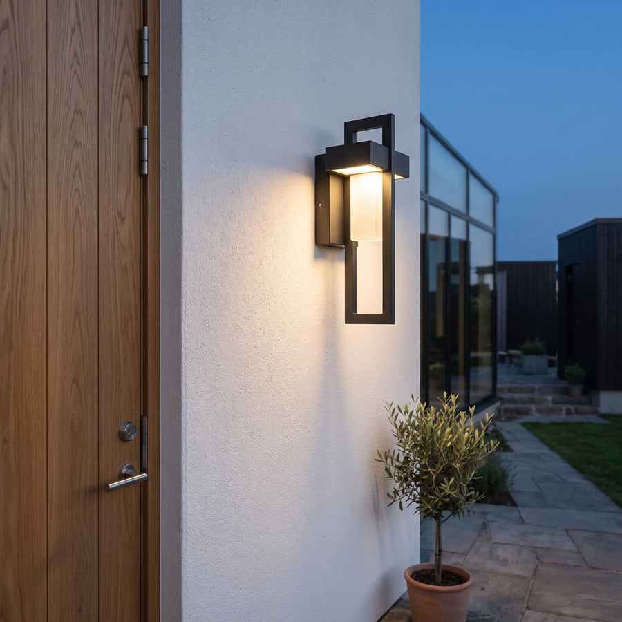 Kage Outdoor Wall Light – Open Black Frame with Offset Lantern, Weather-Rated Aluminum, Small or Large