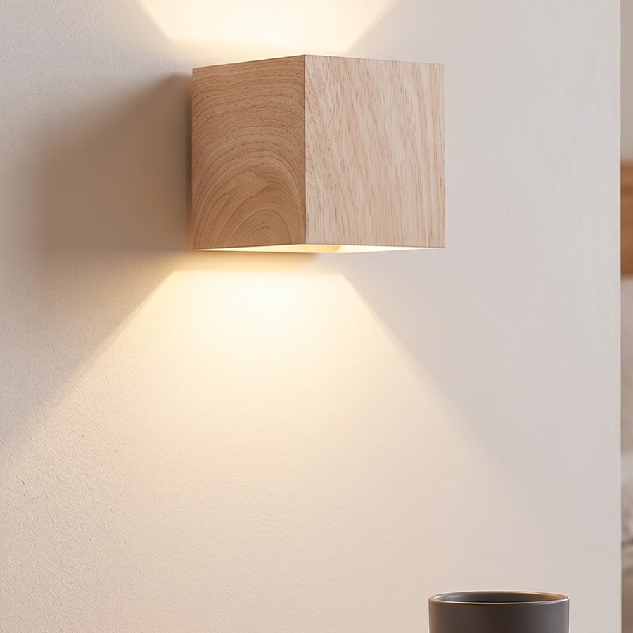 Light wood-grain cube wall light casting beams up and down by a bed