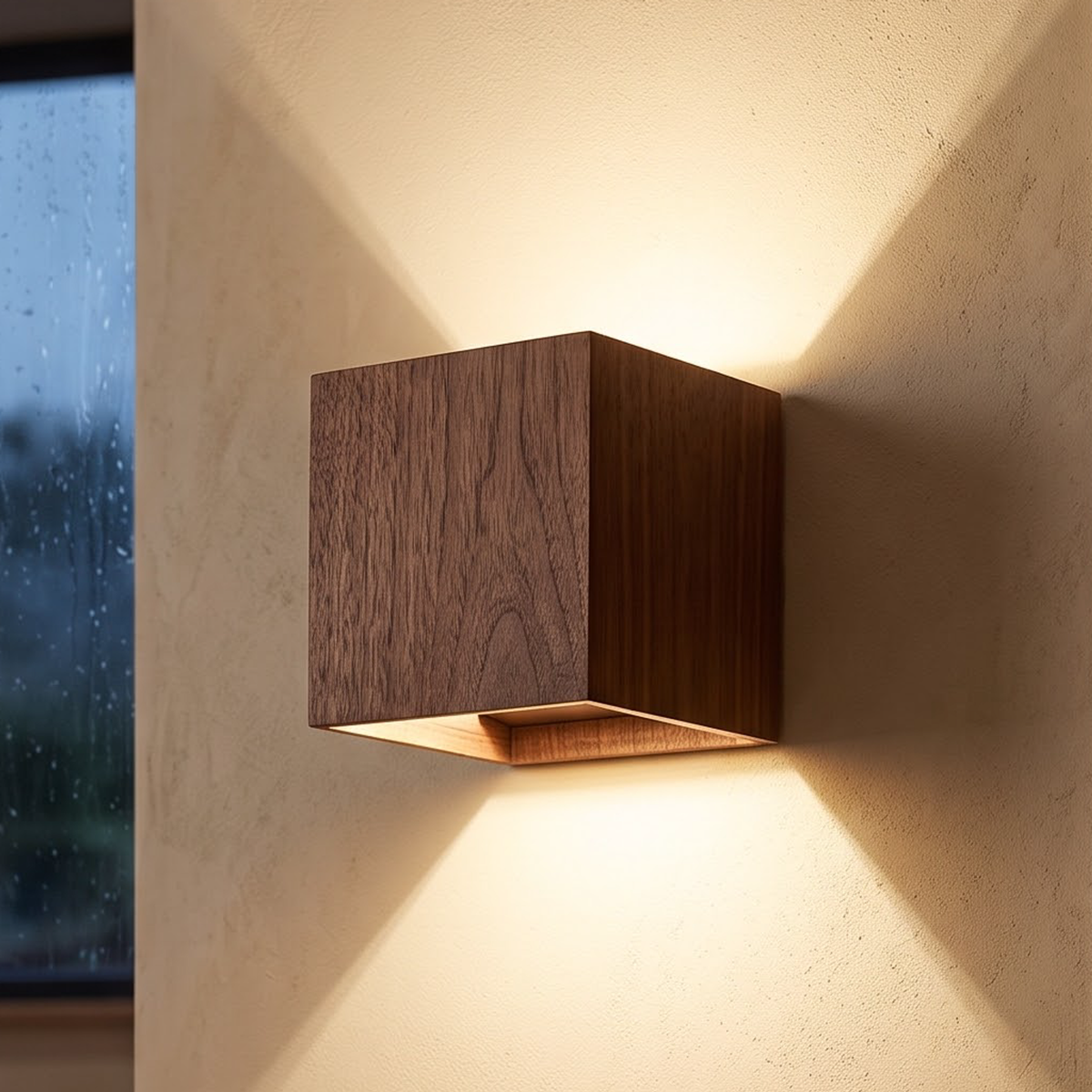 Walnut wood-grain cube wall light with up and down beams by a doorway