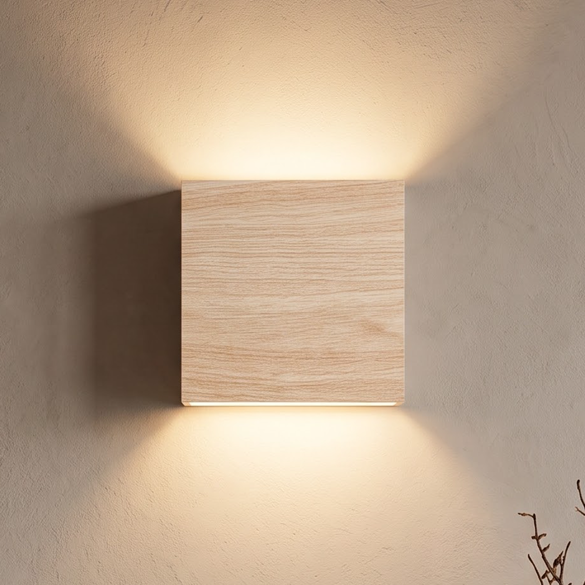 Light wood-grain square wall light glowing above an oak sideboard