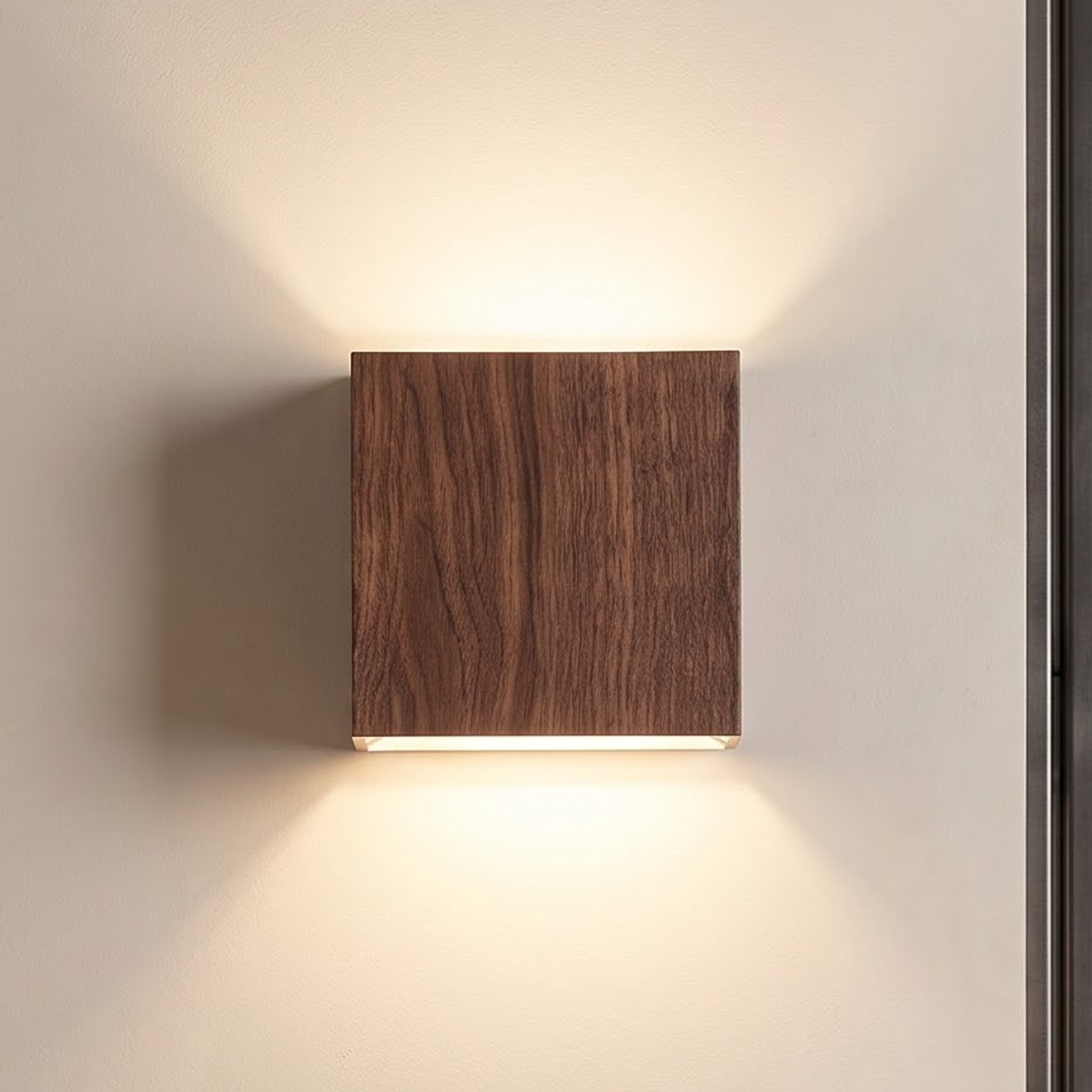 Walnut wood-grain square wall light above an oak entry bench