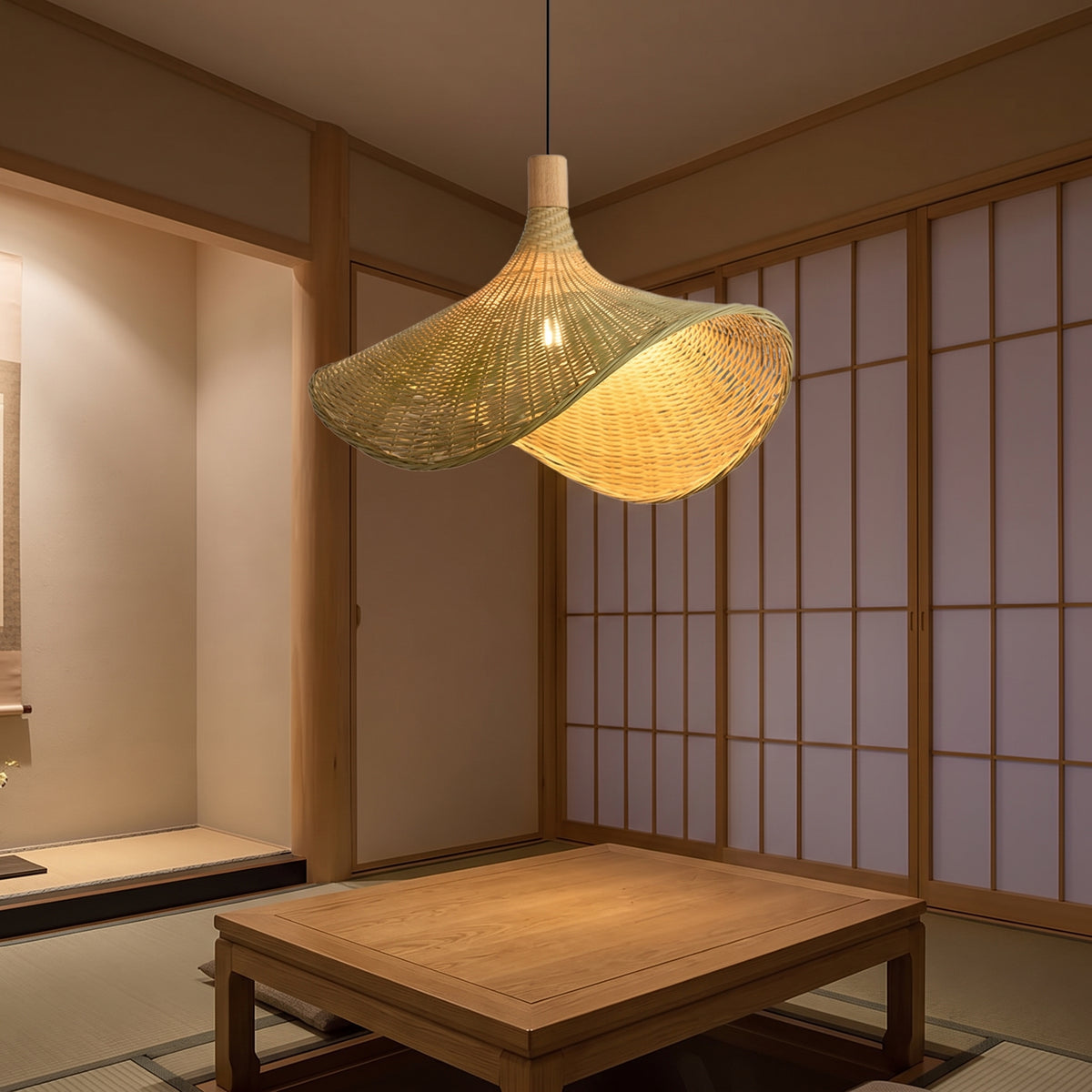Woven bamboo hat pendant glowing over a low oak tea table