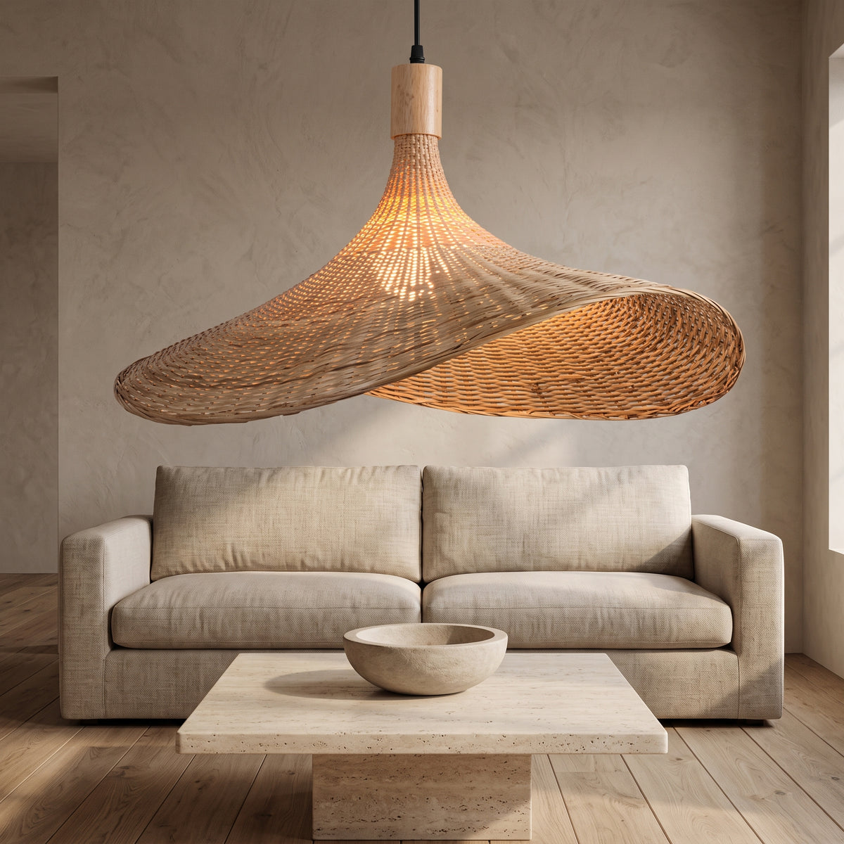 Single woven bamboo hat pendant above a linen sofa in a living room