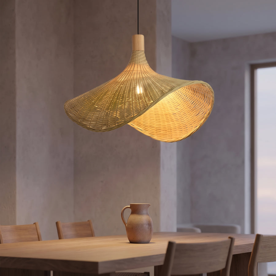 Kasa Bamboo Pendant – Wide Hand-Woven Hat Shade with Wood Cap, Natural