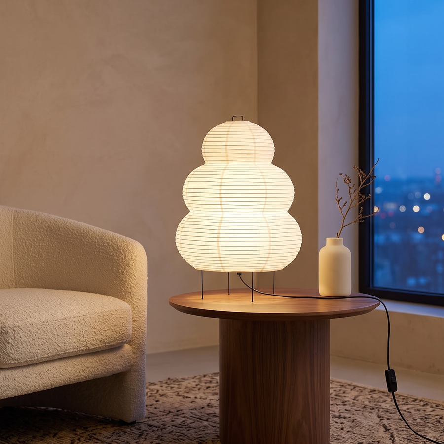 White paper lantern lamp glowing on an oak floor beside a vase