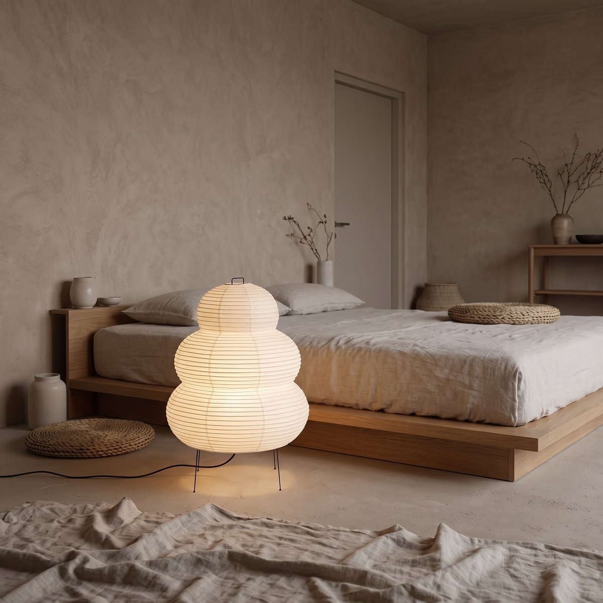 Paper lantern table lamp glowing beside a low oak platform bed