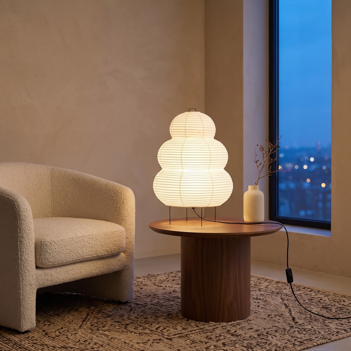Rice paper lantern lamp on a walnut side table at blue hour
