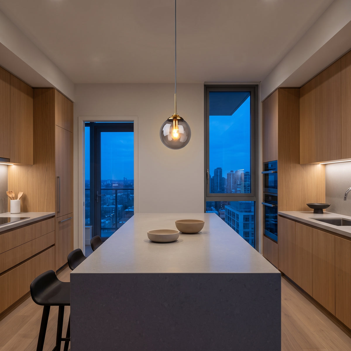 Smoky glass globe pendant hanging over a stone kitchen island at blue hour