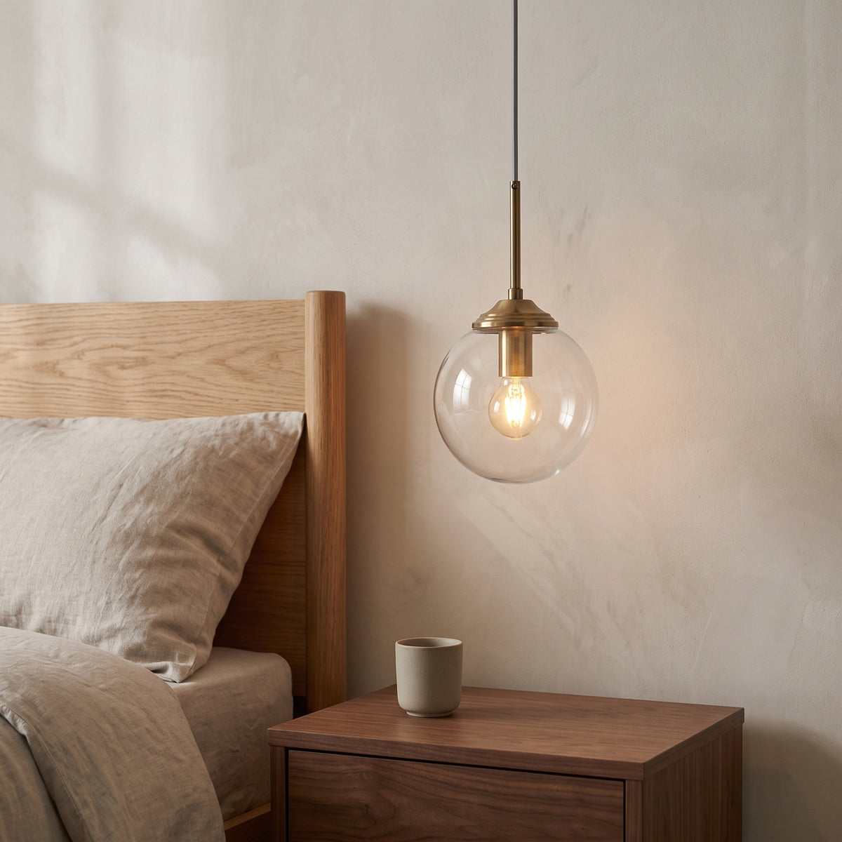 Clear glass globe pendant with a brass cap glowing over a nightstand
