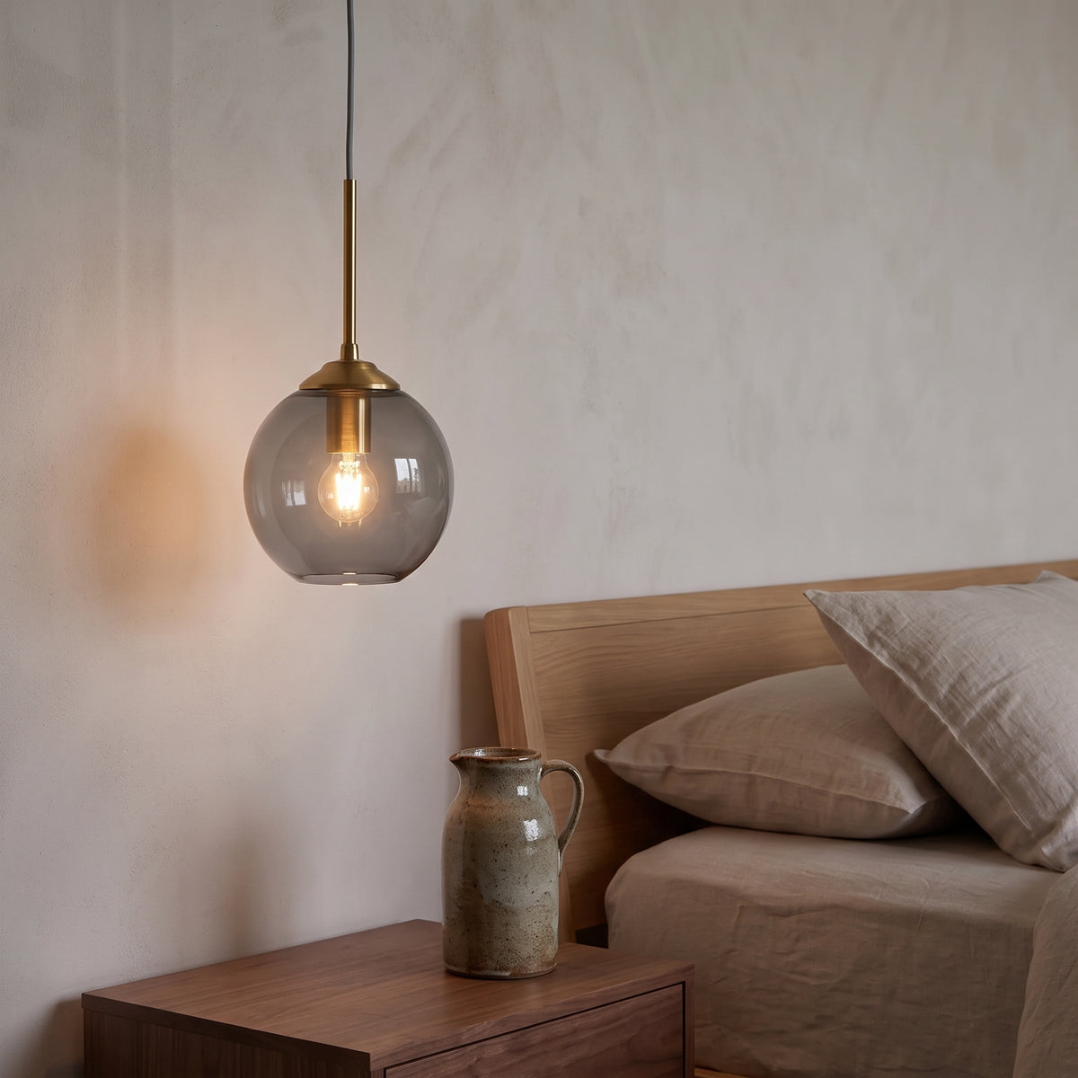 Kasumi Glass Globe Pendant – 6 in Glass Globe Pendant Light with Brass Cap, Kitchen Island Pendant, Smoky Grey, Amber or Milk White