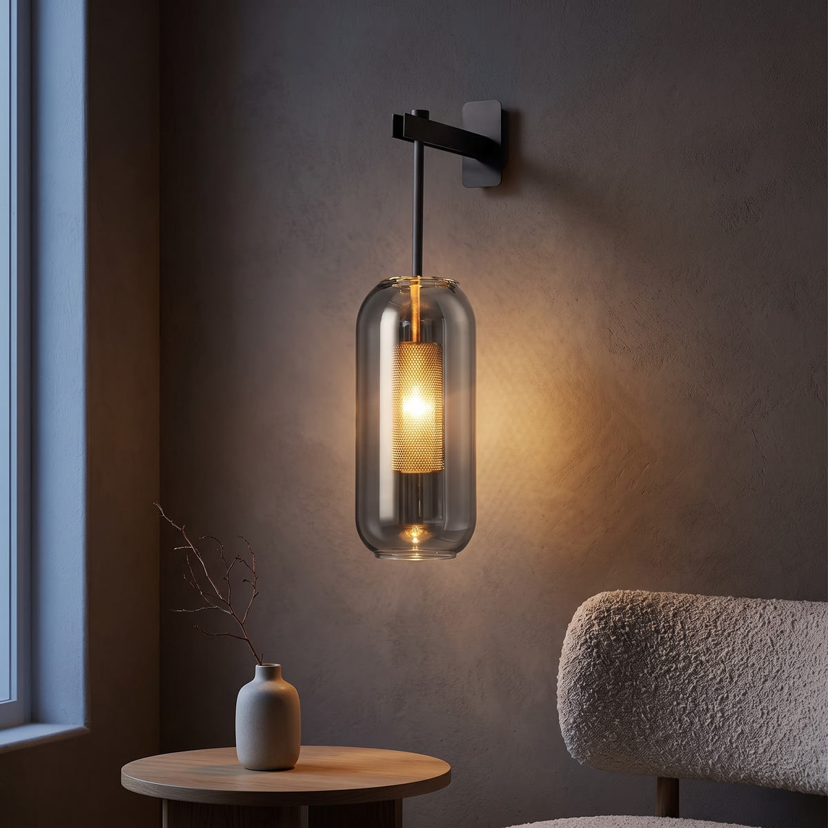 Black and smoke glass capsule wall sconce above an oak side table