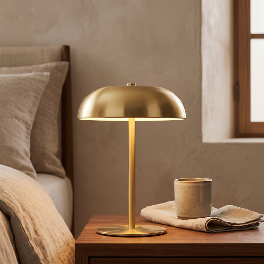 Gold cordless mushroom table lamp glowing on a walnut nightstand