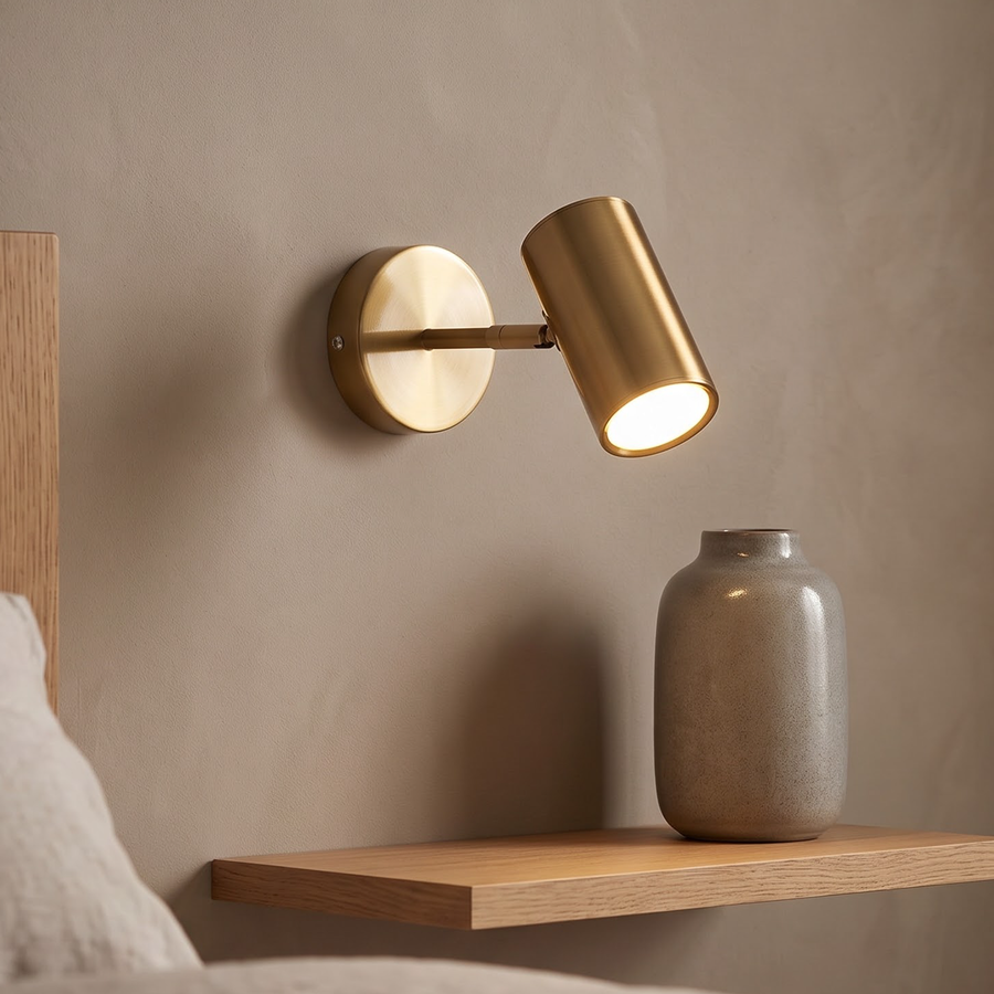 Compact gold wall spot glowing beside a stoneware vase on an oak shelf
