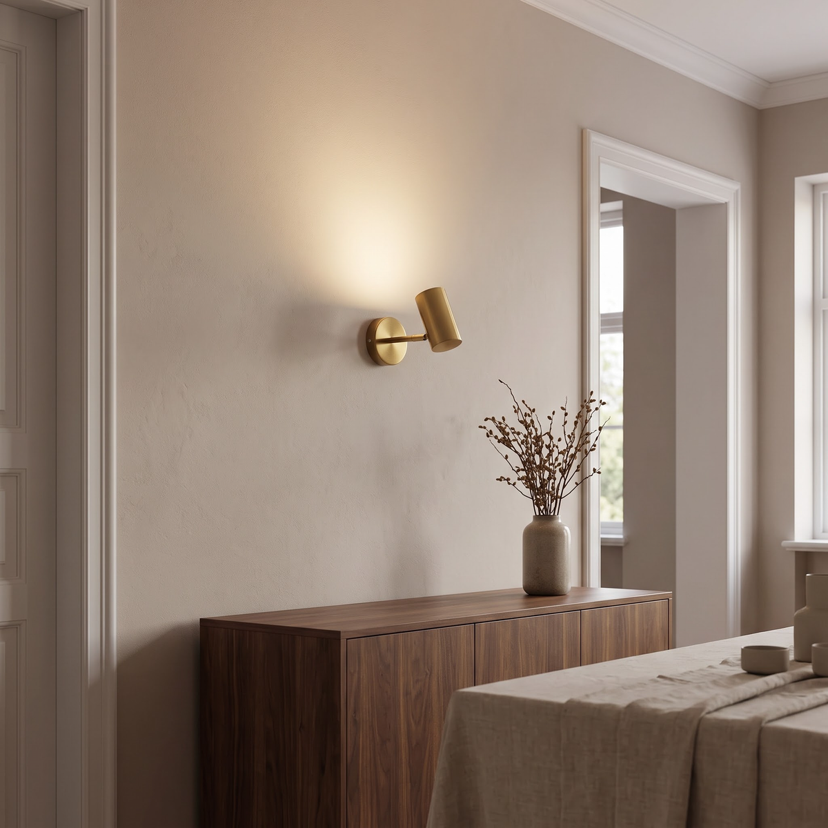 Gold wall spot uplighting a clay wall above a walnut sideboard