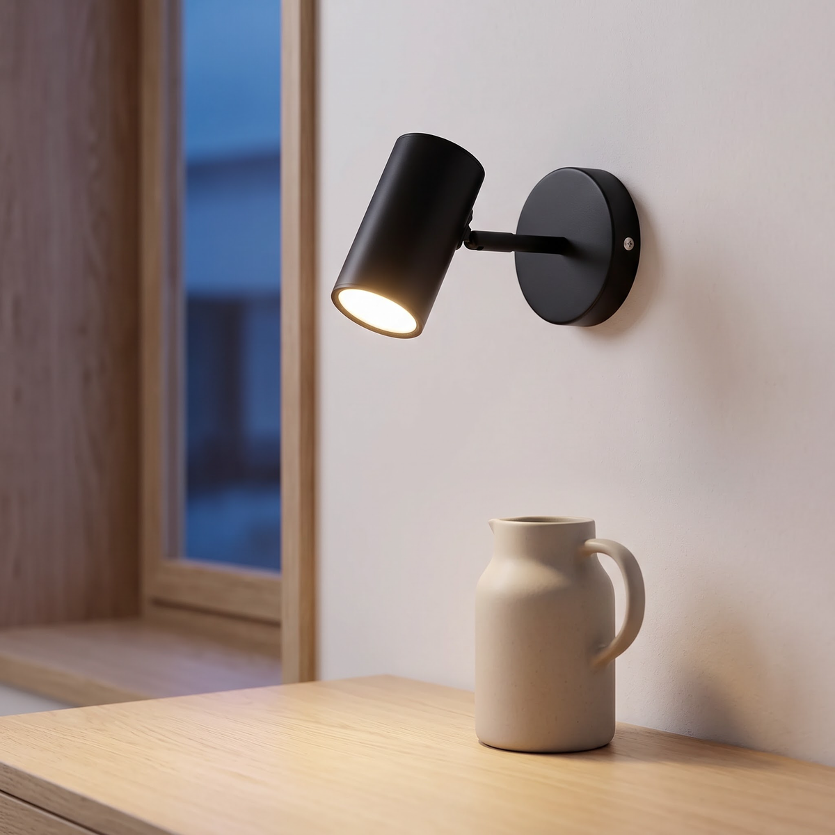 Matte black compact wall spot glowing above an oak desk by a window