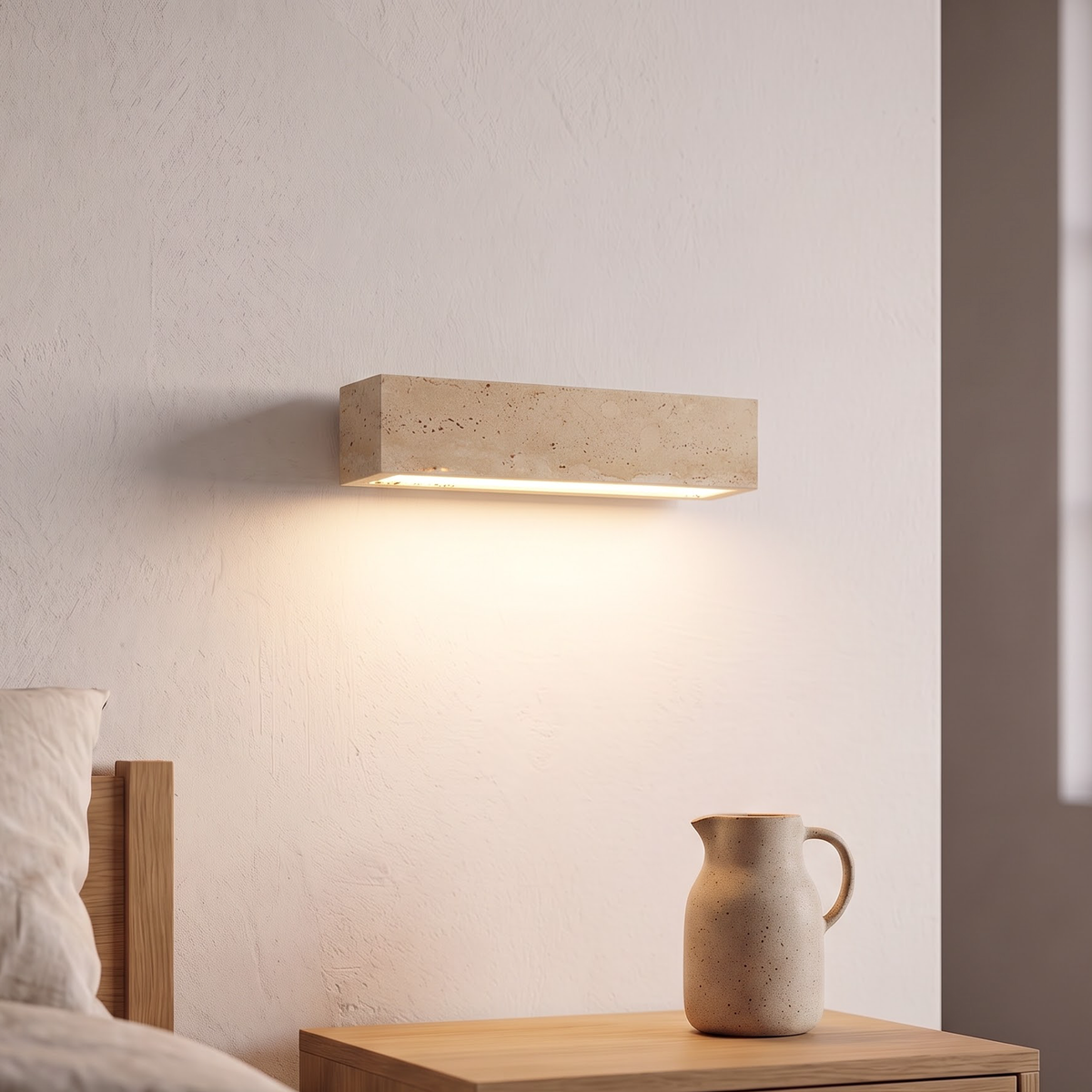 Travertine stone bar wall light washing warm light above a nightstand