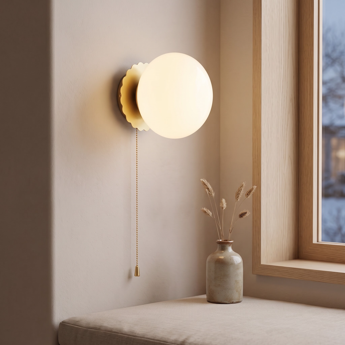 White glass globe wall light with gold plate by a window seat