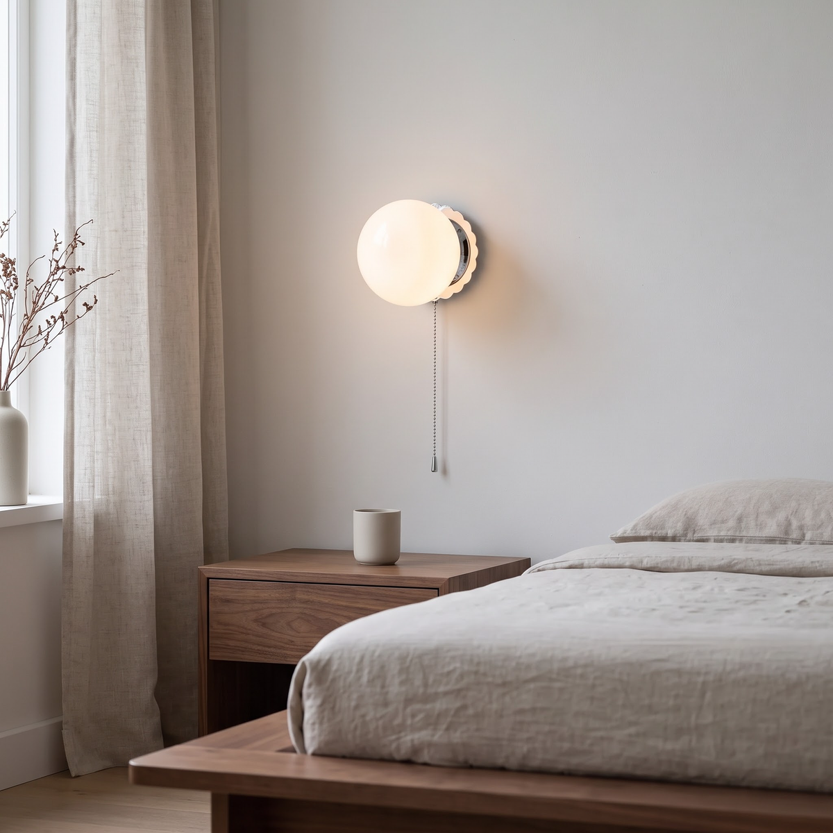 Opal white globe wall light above a walnut nightstand by a bed