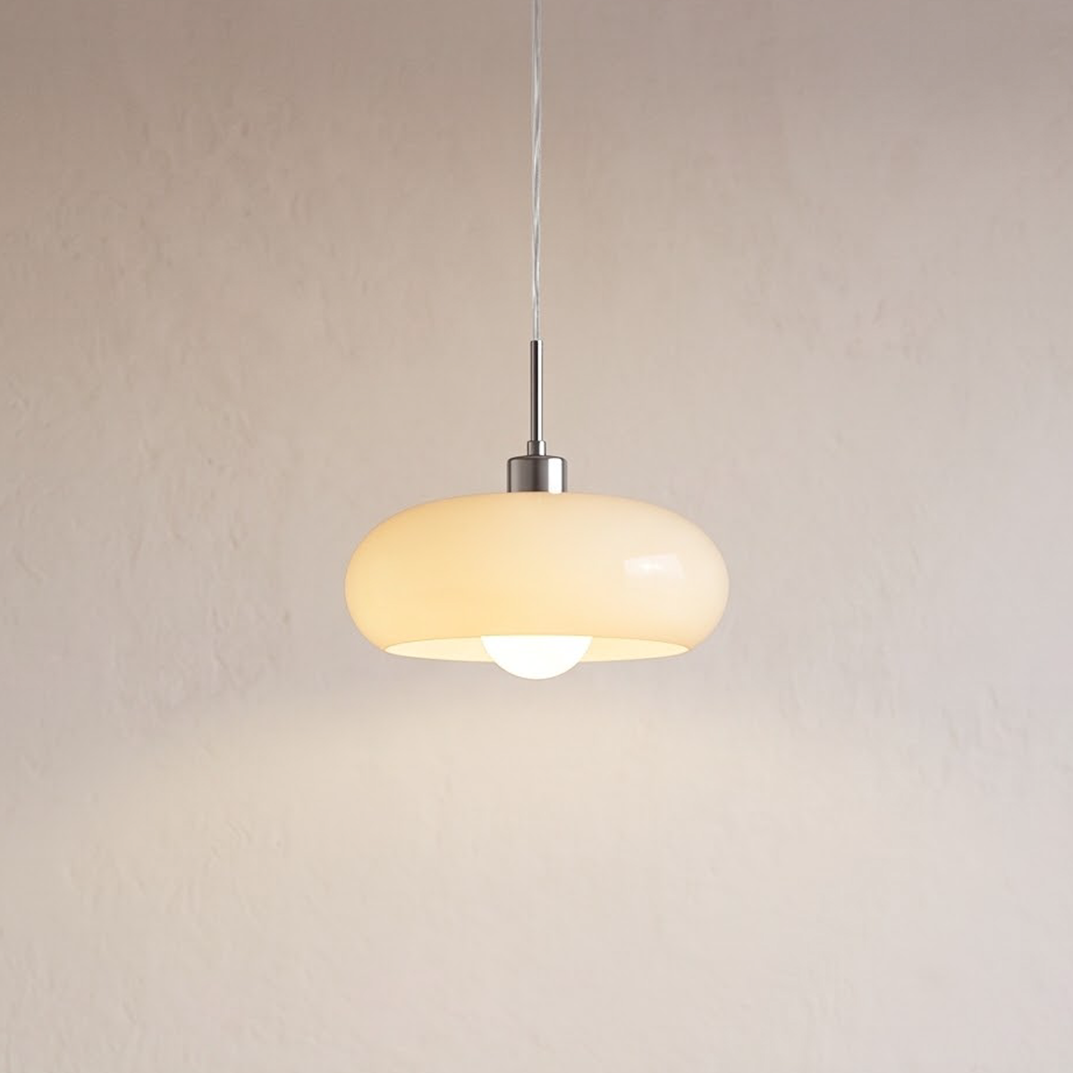 Cream glass pendant light glowing above an oak dining table