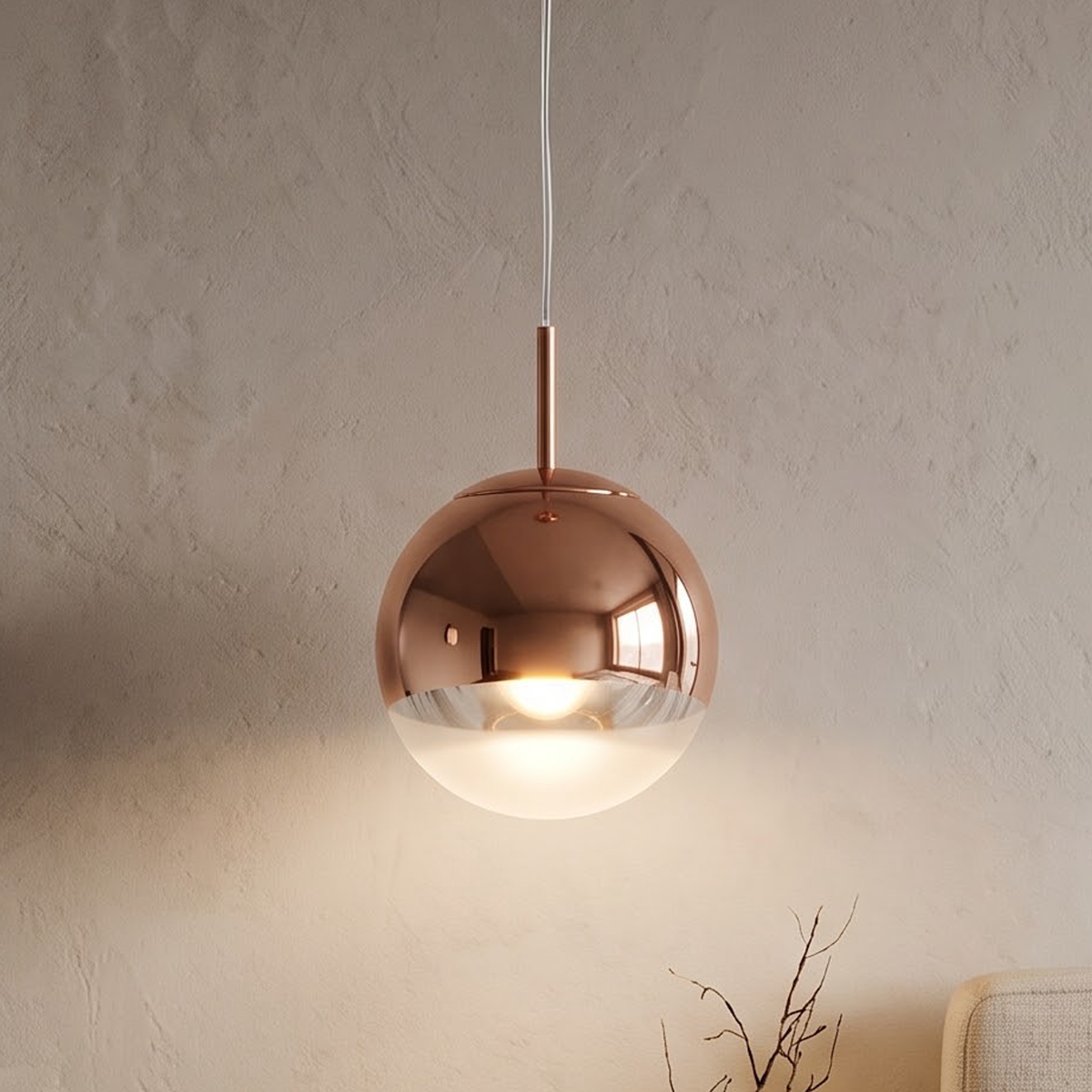 Rose gold mirror globe pendant hanging low beside a bed at night