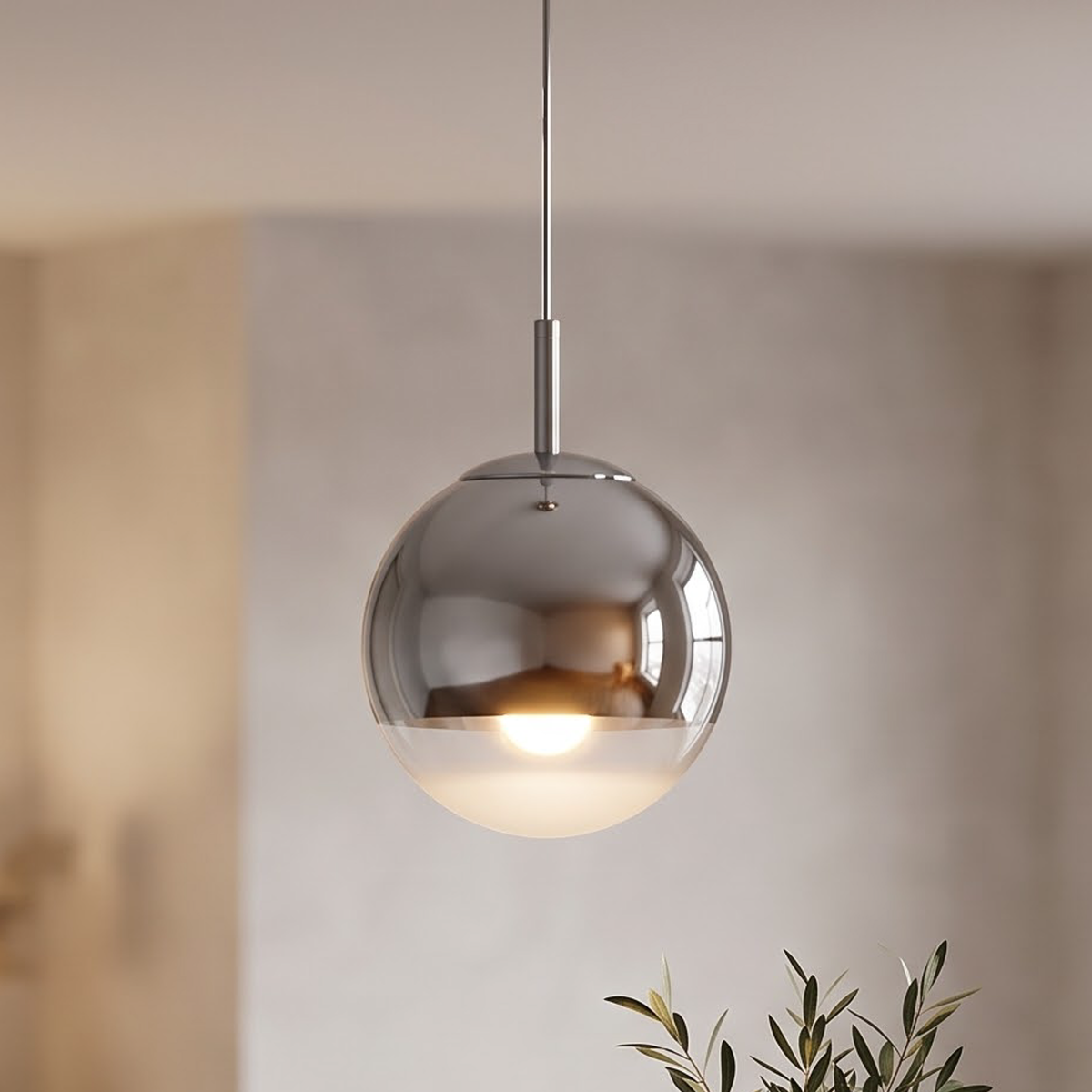 Chrome mirror ball pendant light over a walnut dining table