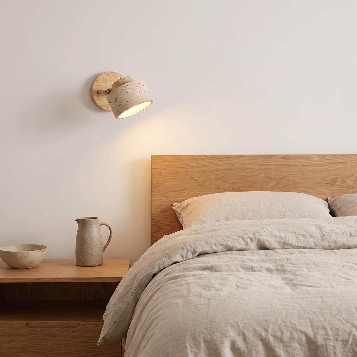 Stone and light wood wall reading light above a low oak bed
