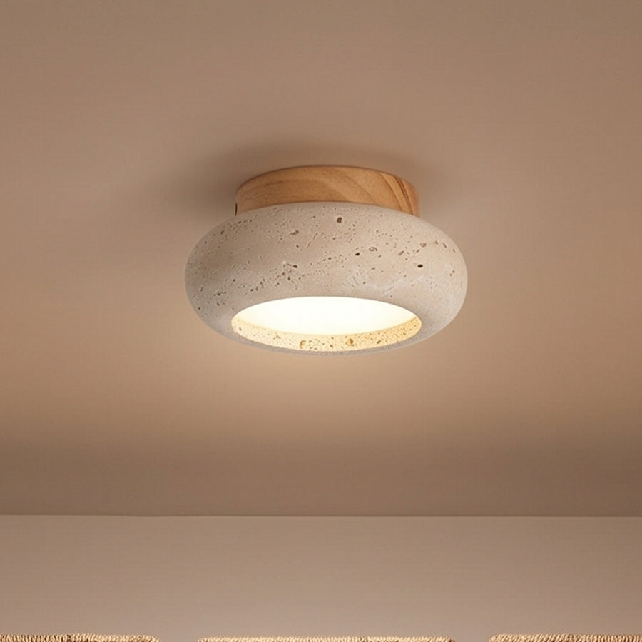 Kohaku Travertine Flush Mount – Small Natural Stone Pebble Ceiling Light with Wood Canopy, Warm LED, Walnut or Oak