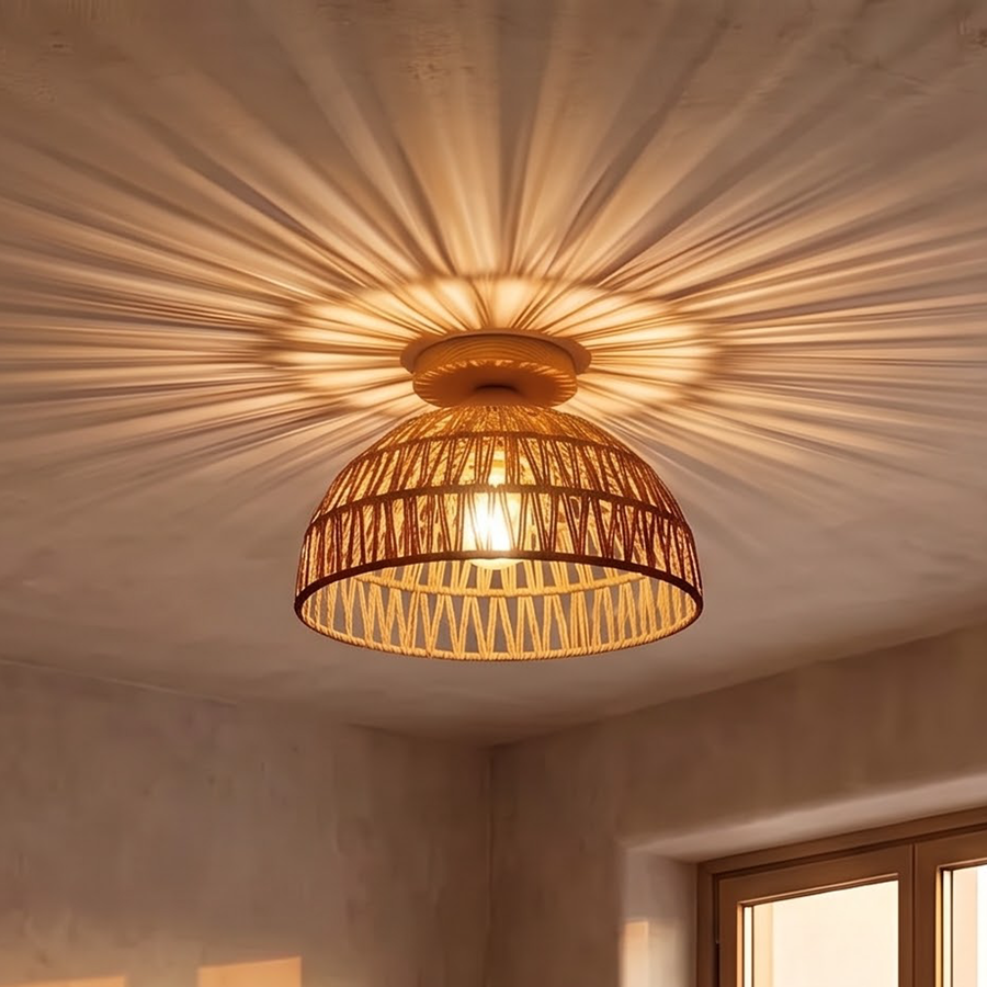 Woven natural fibre ceiling light casting starburst shadows in an entry